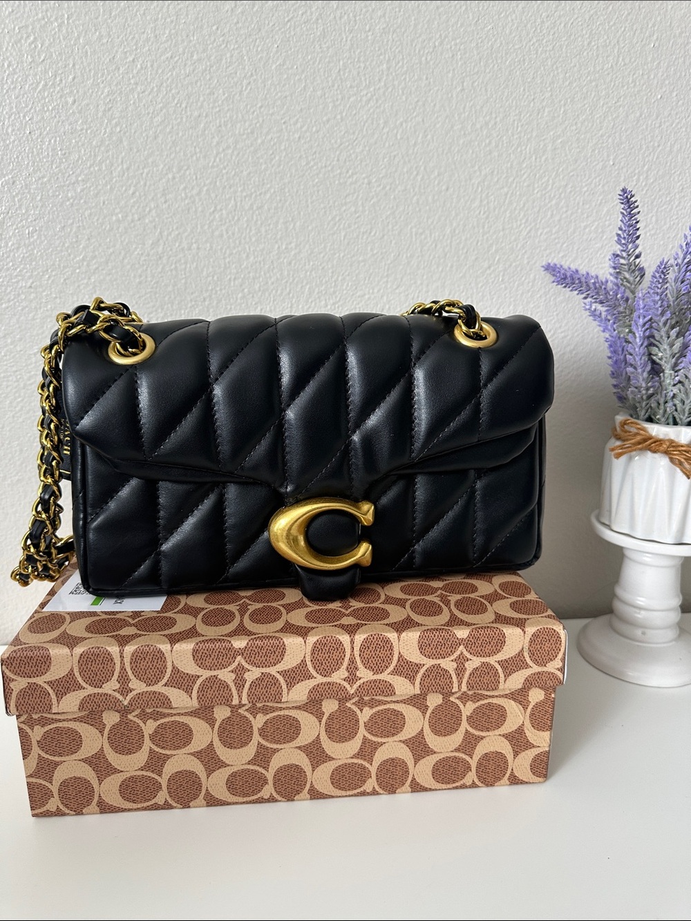 Quilted Leather Shoulder Bag in Black with Gold Hardware
